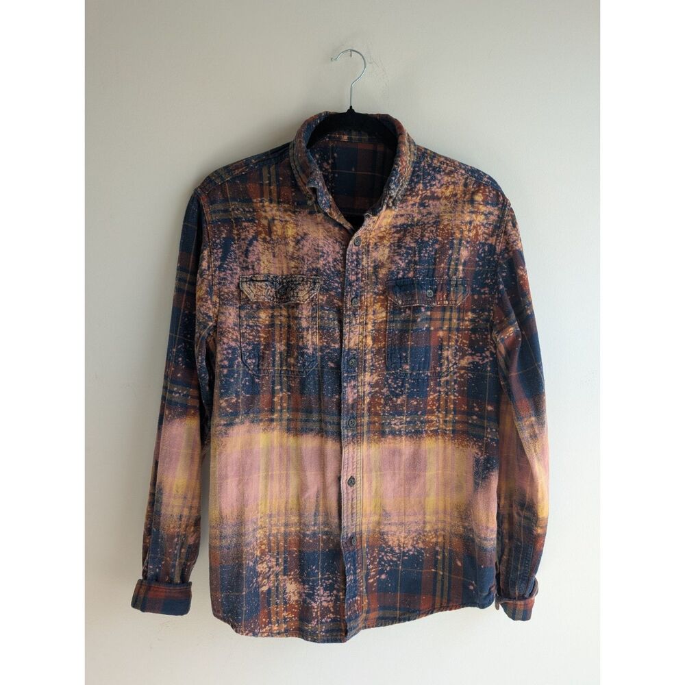 Hand bleached reworked grunge women’s plaid flannel shirt, distressed